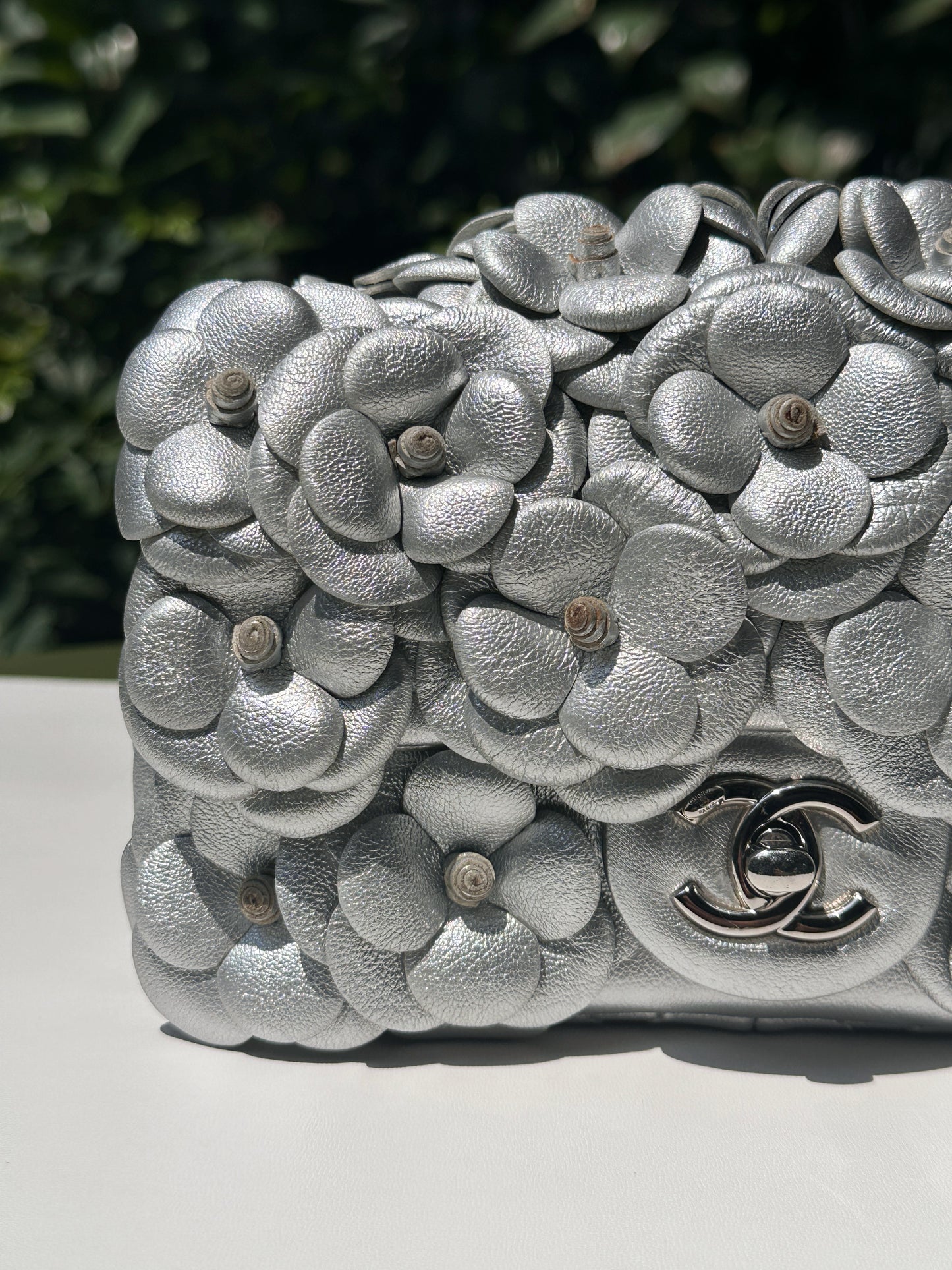 Chanel Mini Camellia Lambskin Shiny Silver SHW 2245 holo