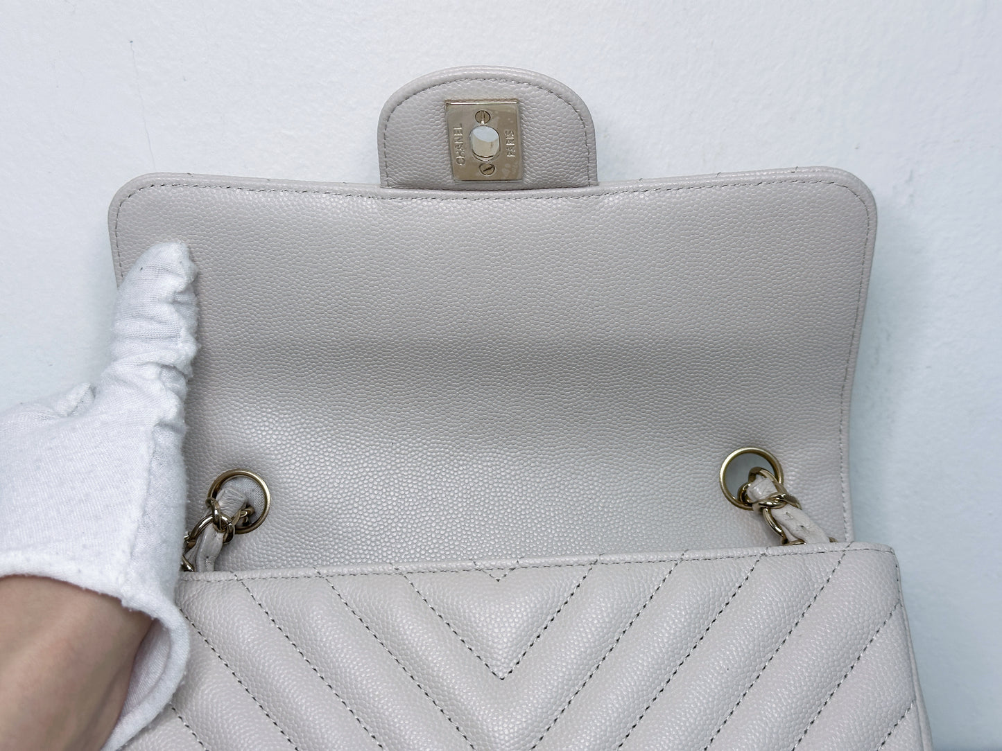 Chanel Mini Rectangle Chevron Blush Hue Light Beige Flap Bag LGHW