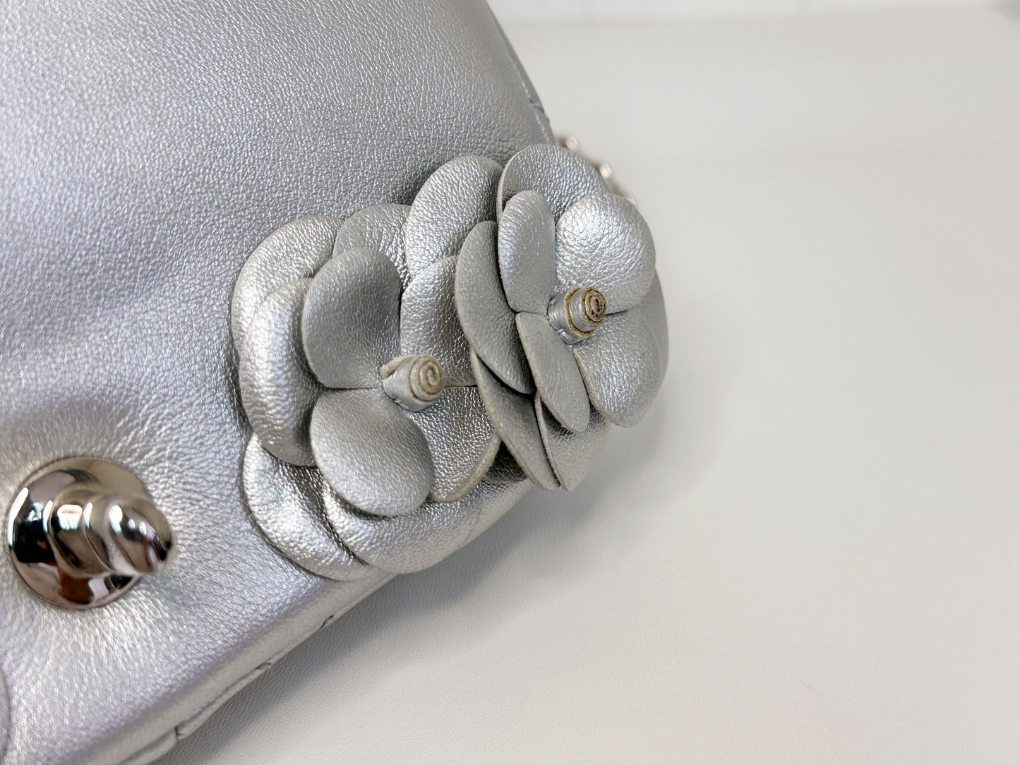 Chanel Mini Camellia Lambskin Shiny Silver SHW 2245 holo