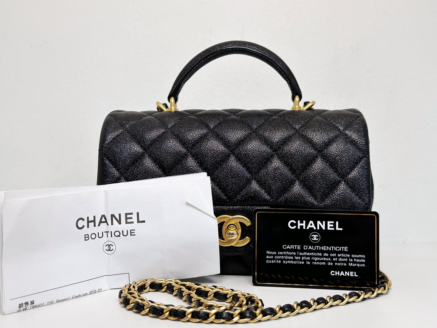 Chanel Mini Rectangular Top Handle Flap Bag Black Caviar GHW 3129 holo card