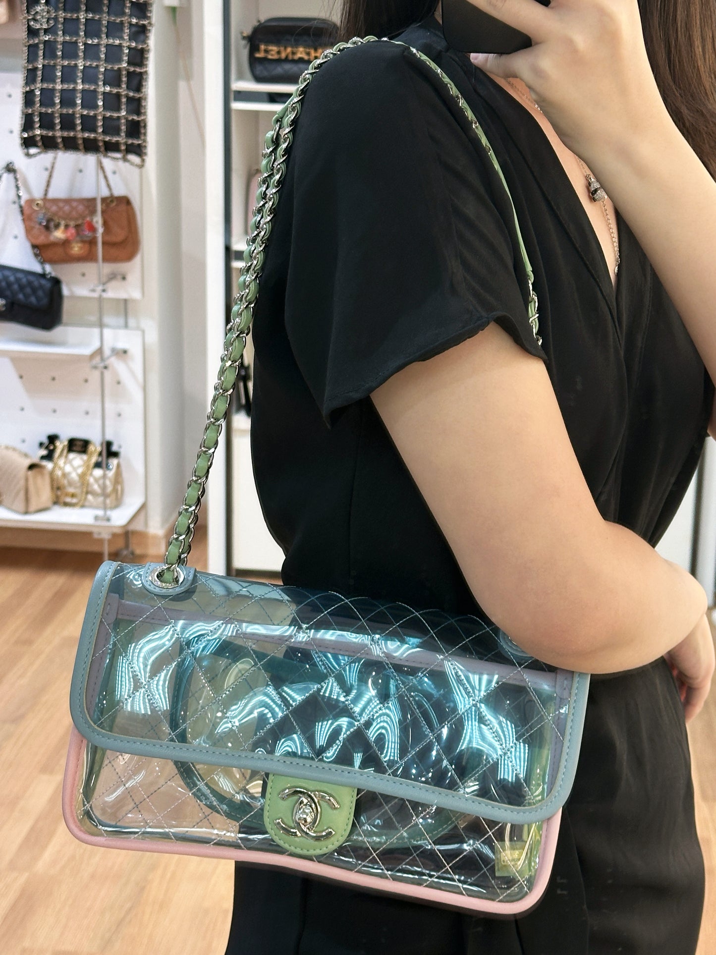 Chanel Coco Splash PVC Medium Flap Bag Blue/Green/Pink 2562 holo card