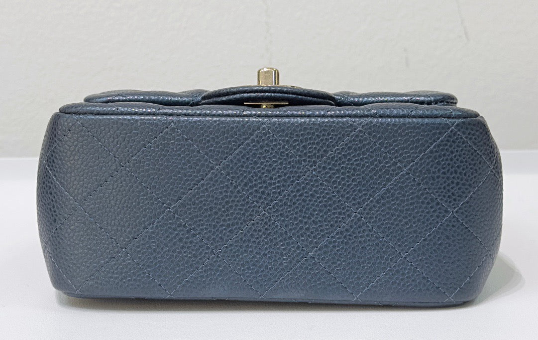 Chanel Mini Square Quilted Caviar Flap Bag Blue GHW 2581 Holo card