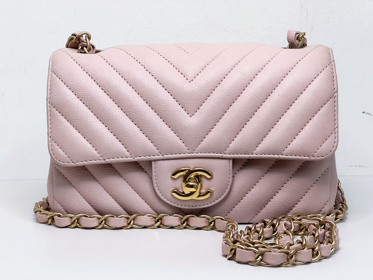 Chanel Classic Mini Rectangular 17C Light Pink Chevron Calfskin with brushed gold hardware 2383 holo card