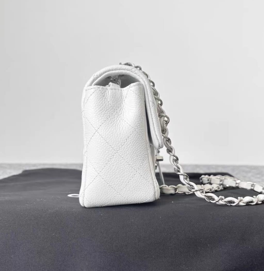 Chanel Mini Rectangular Caviar Classic White SHW 1877 holo card