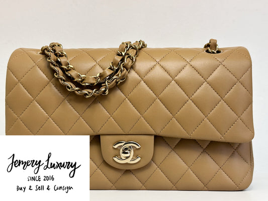 Chanel 22B Lambskin Classic Quilted Double Flap Medium LGHW Dark beige HH9G microchip