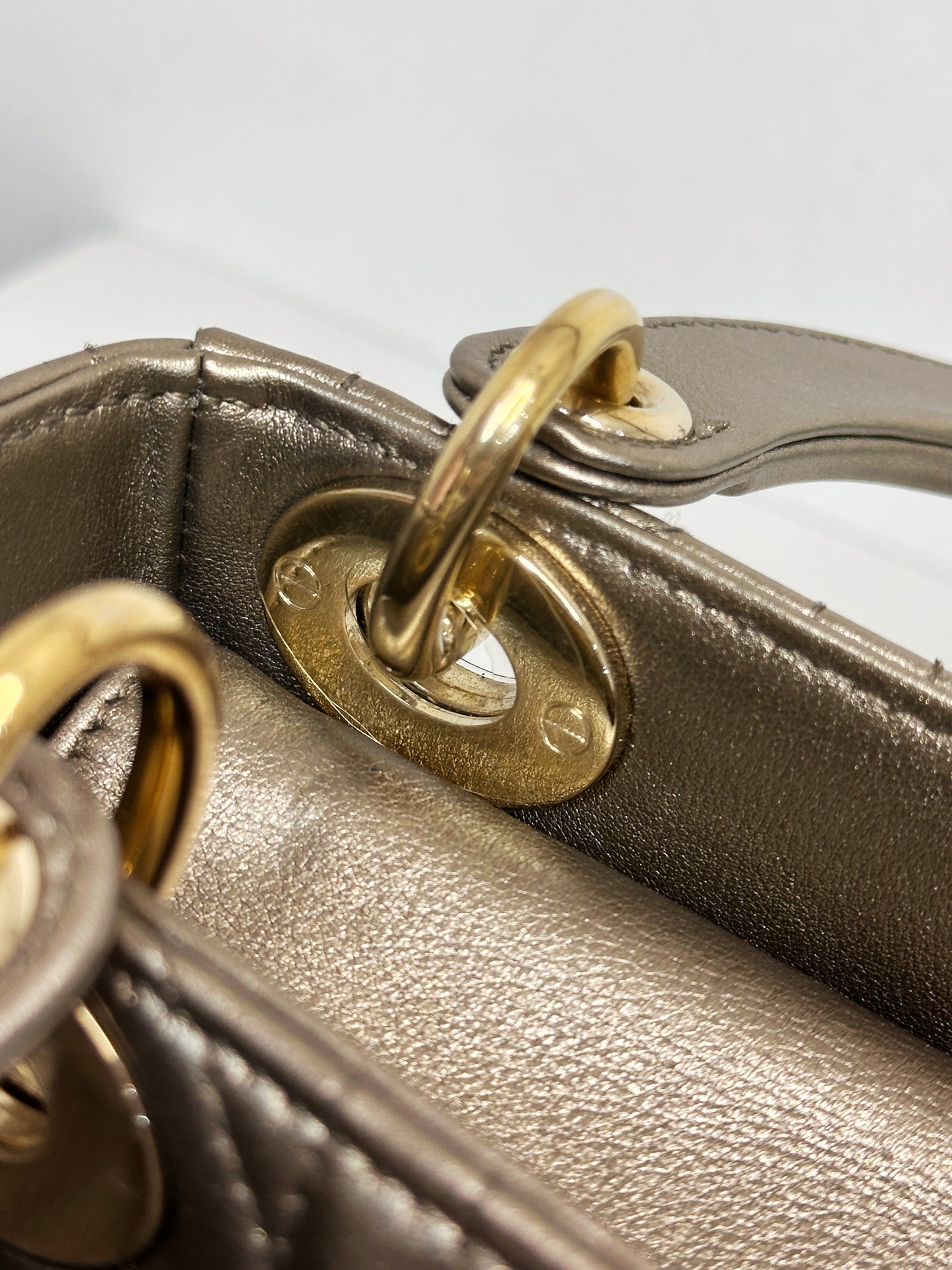 CHRISTIAN DIOR LADY MINI CALFSKIN CANNAGE BRONZE METALLIC GOLDEN HARDWARE CHAIN STRAP