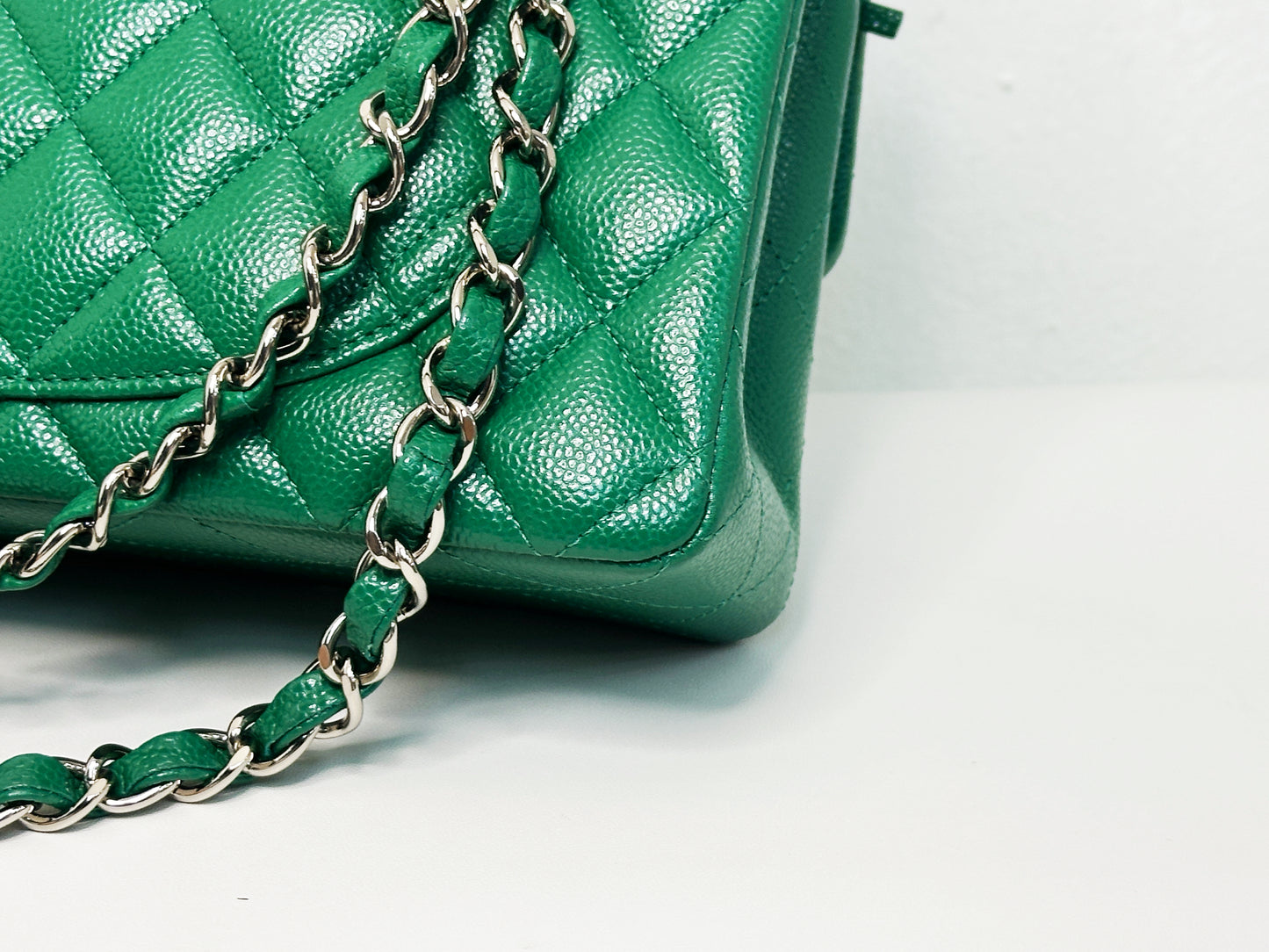 CHANEL 20B Green Classic Small Double Flap Bag SHW 3050 holo card