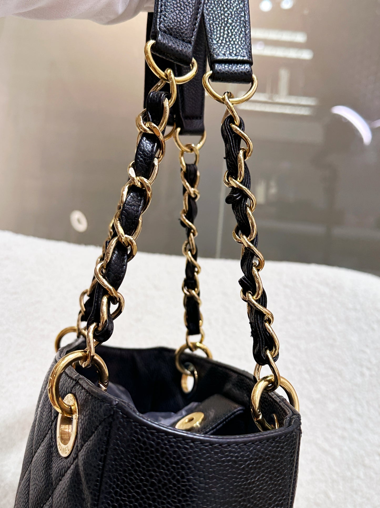 Chanel Caviar Quilted Petit Shopping Tote PST Black GHW 1975 holo card