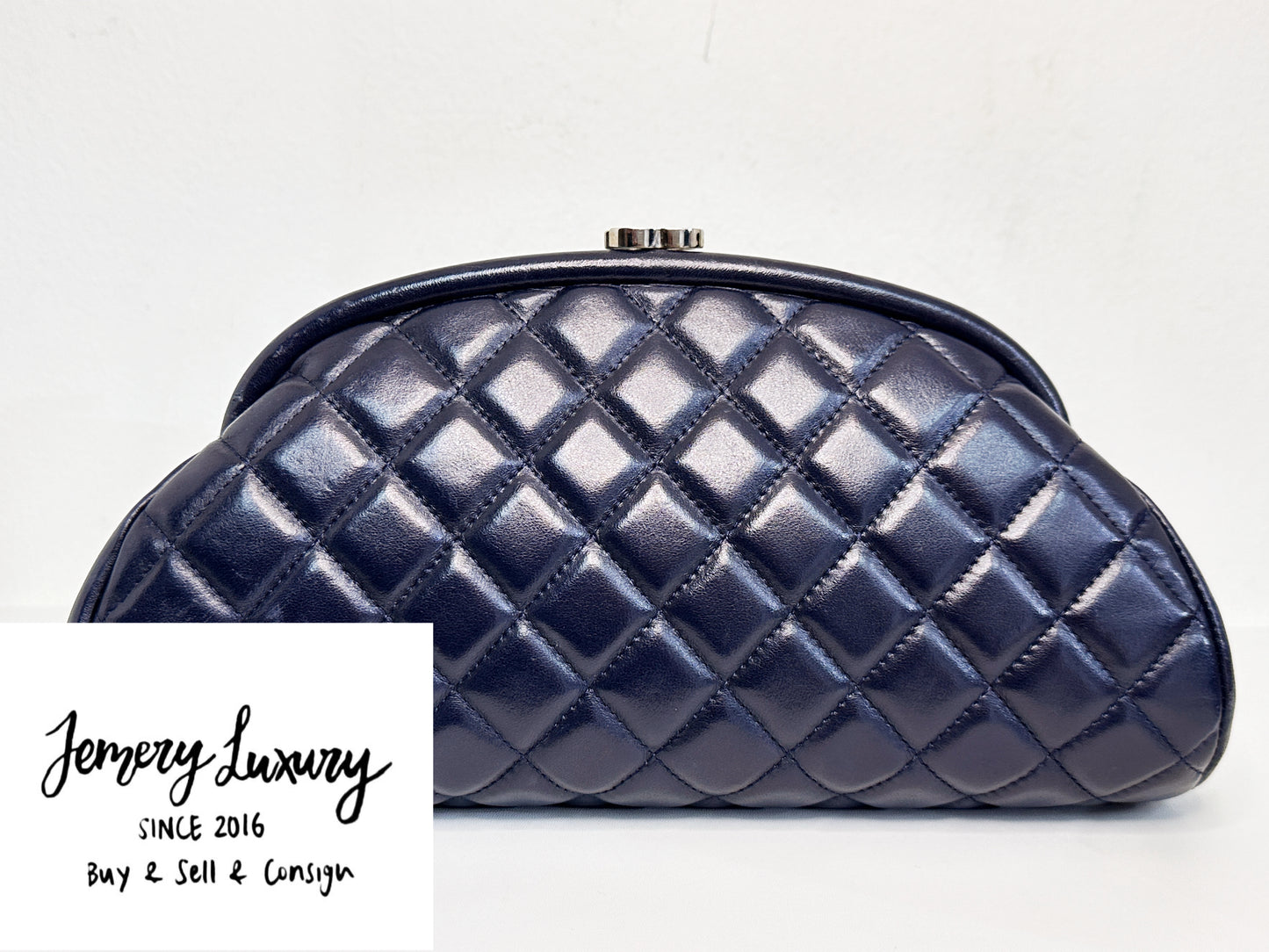 Chanel Quilted Timeless Kisslock Clutch Navy Blue Lambskin SHW 1890 holo card