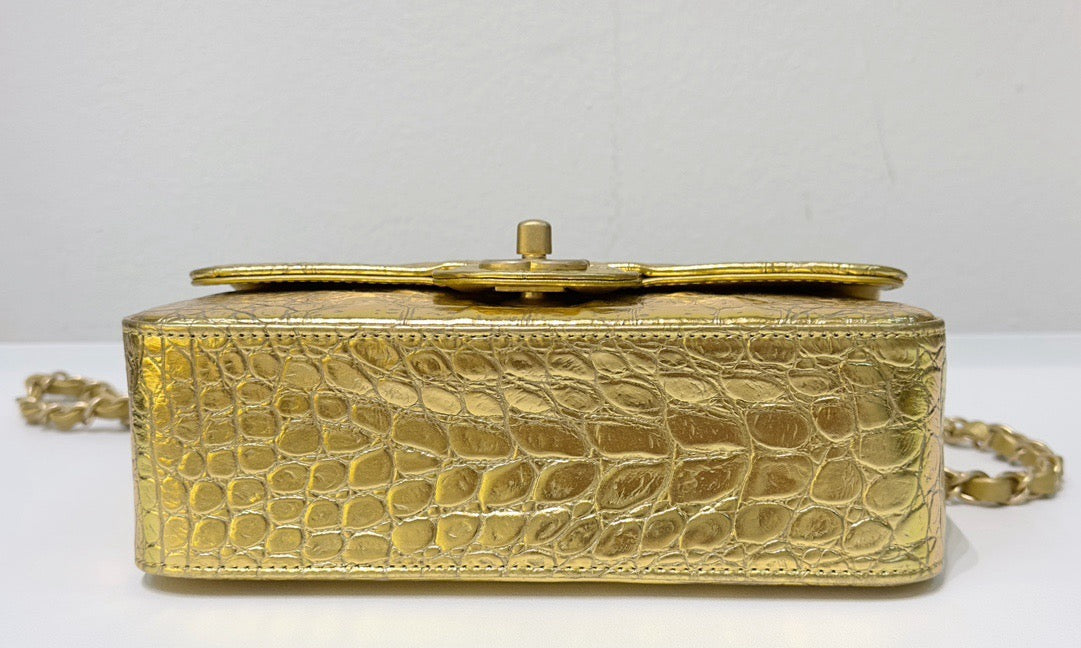Chanel Mini Calfskin Crocodile Embossed Rectangular Gold Metallic Flap Bag
