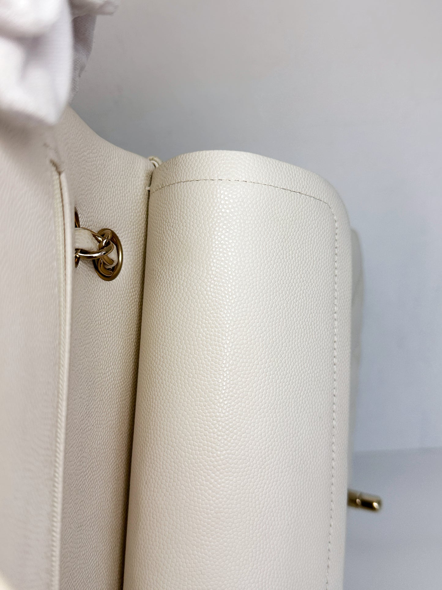 Chanel Medium Caviar Classic Quilted Double Flap White Light Beige Bag LGHW L45J microchip