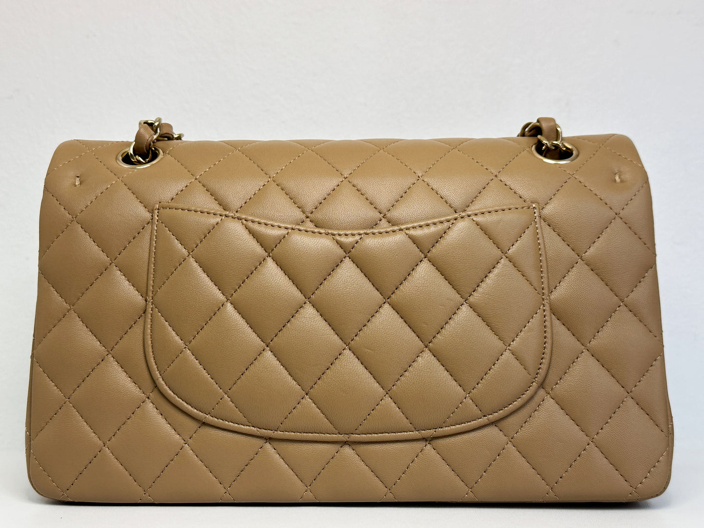 Chanel 22B Lambskin Classic Quilted Double Flap Medium LGHW Dark beige HH9G microchip
