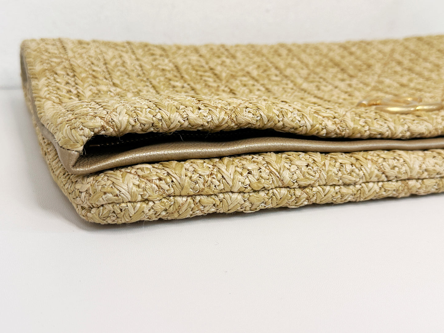 Chanel CC Woven Clutch Gold Natural Raffia Antique Gold Hardware 2502 holo