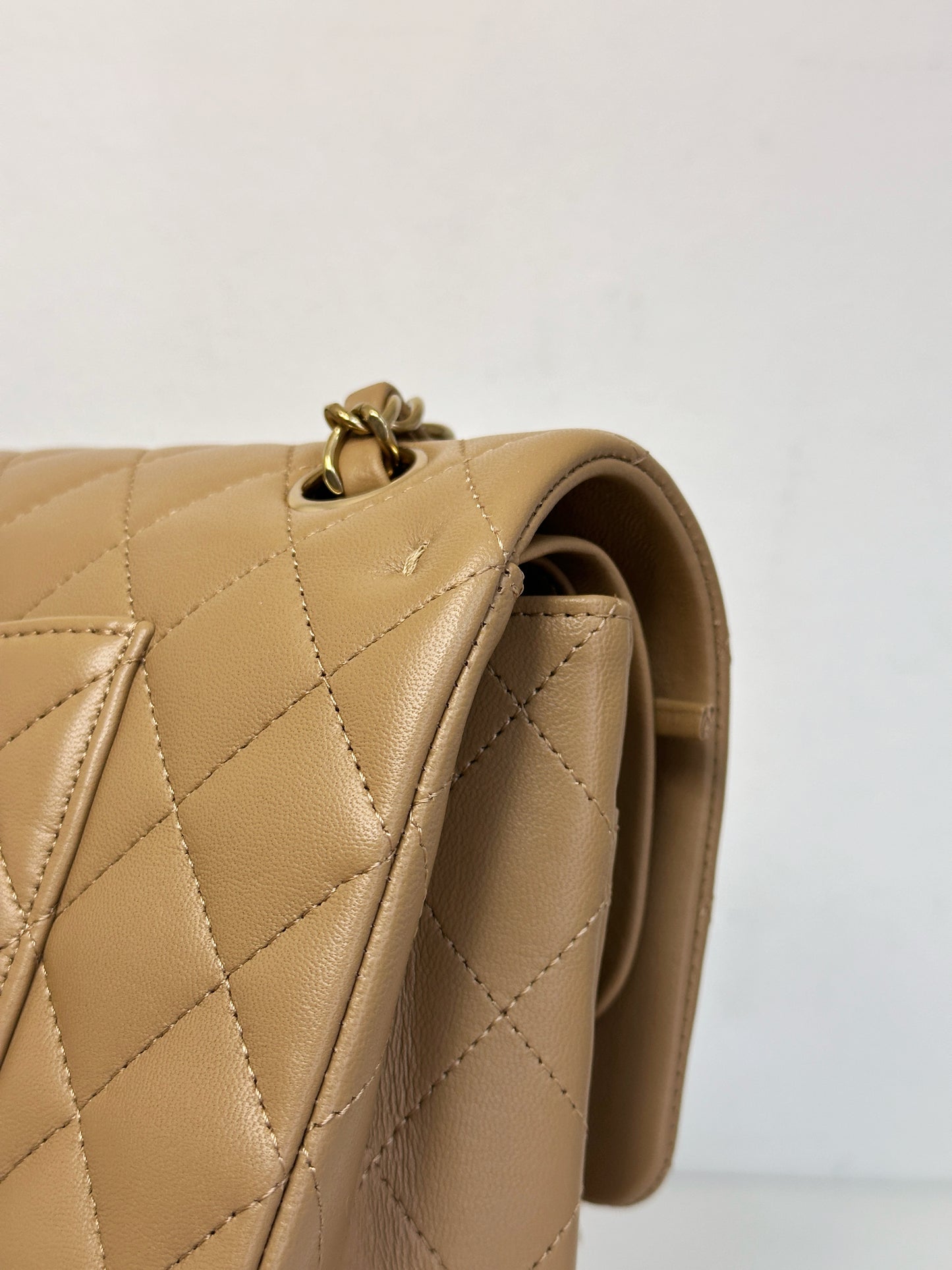 Chanel 22B Lambskin Classic Quilted Double Flap Medium LGHW Dark beige HH9G microchip