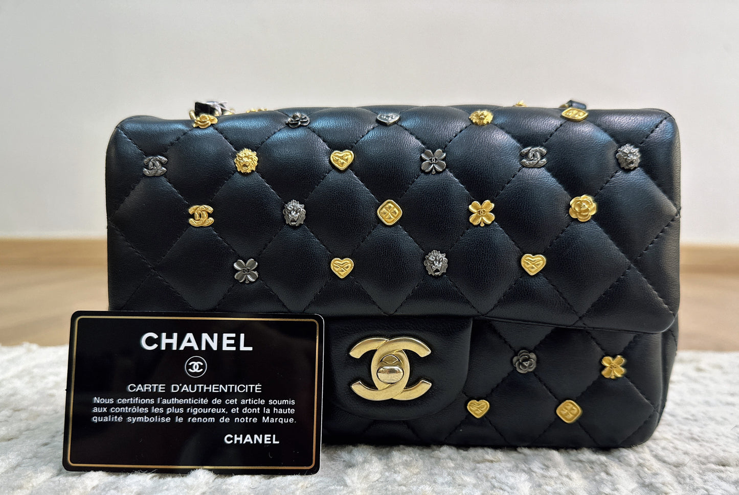 CHANEL Lambskin Quilted Studded Mini Rectangular Flap Black