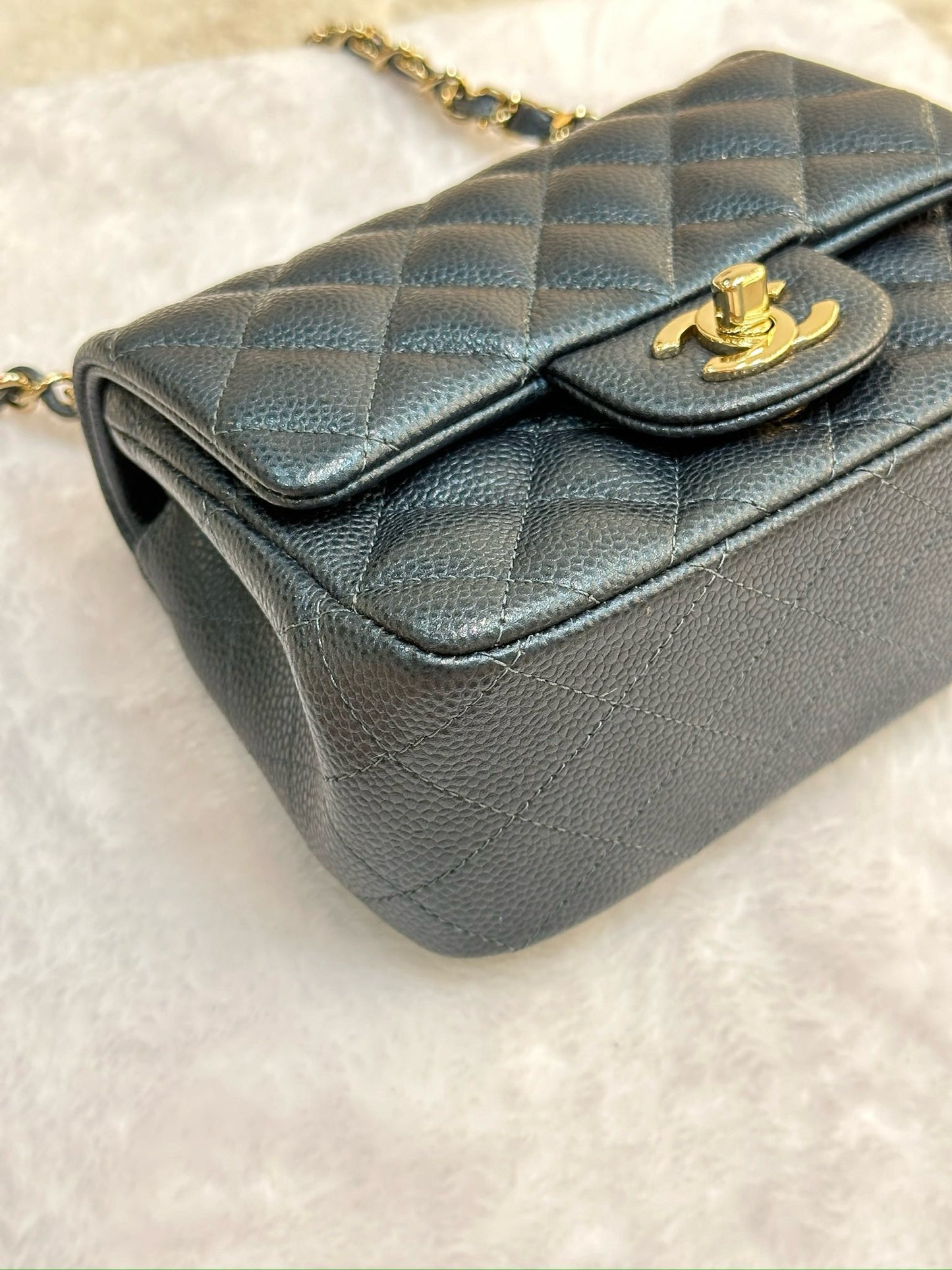 Chanel Mini Square Quilted Caviar Flap Bag Blue GHW 2581 Holo card