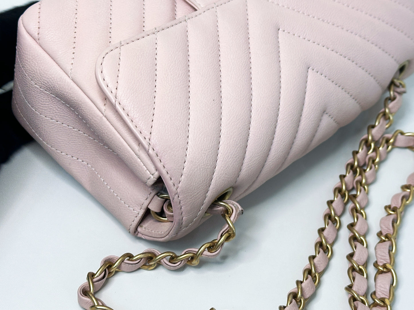 Chanel Classic Mini Rectangular 17C Light Pink Chevron Calfskin with brushed gold hardware 2383 holo card