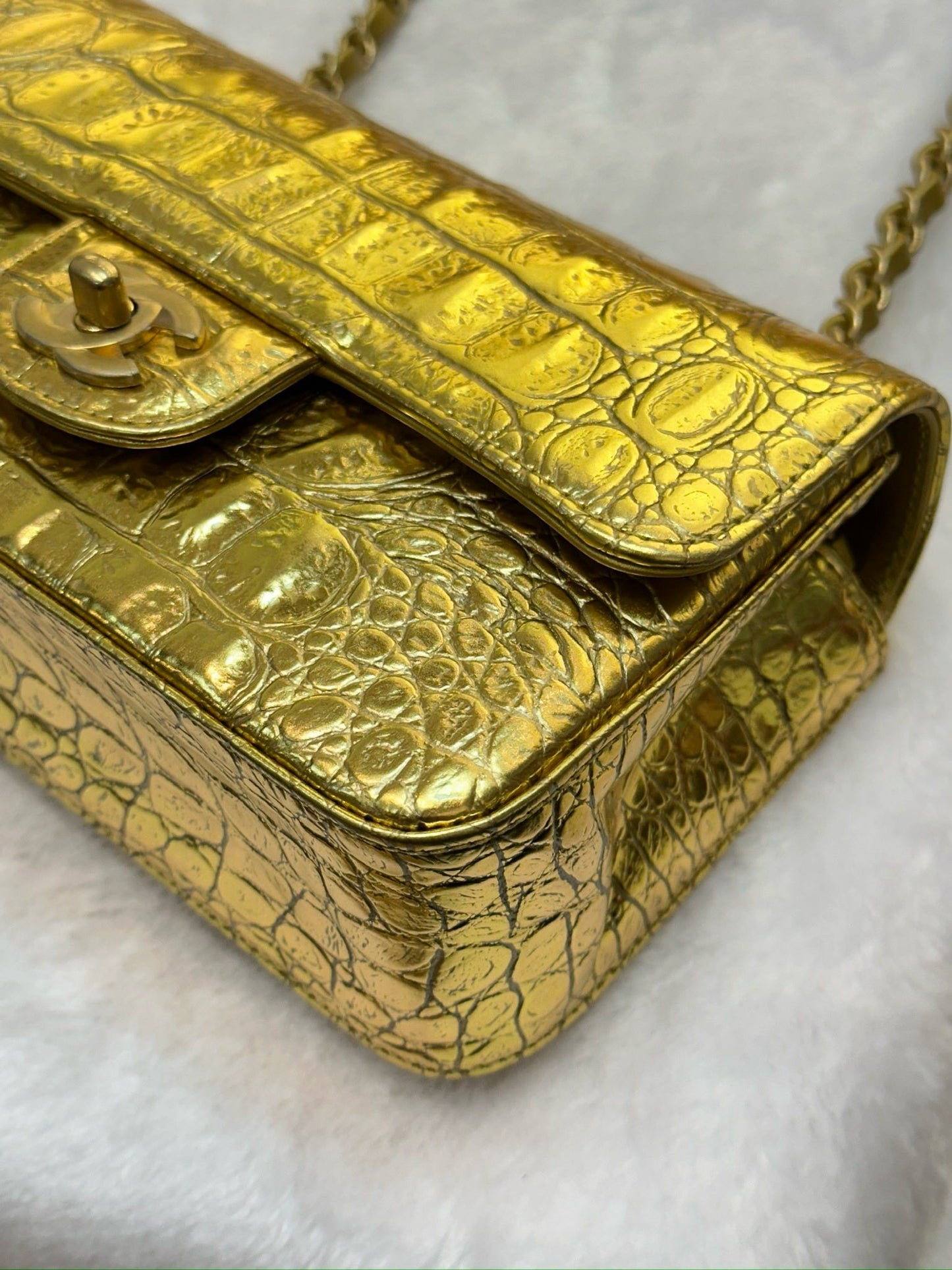 Chanel Mini Calfskin Crocodile Embossed Rectangular Gold Metallic Flap Bag