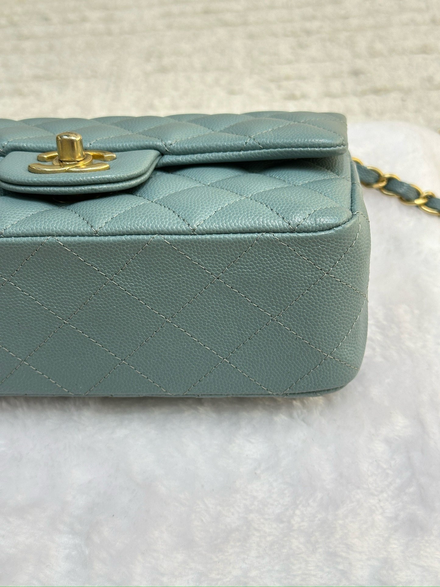 CHANEL Iridescent Caviar Quilted Mini Rectangular Flap Light Blue 18C