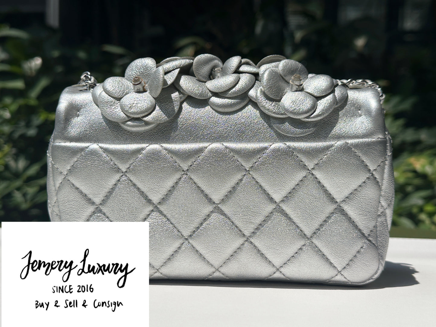 Chanel Mini Camellia Lambskin Shiny Silver SHW 2245 holo