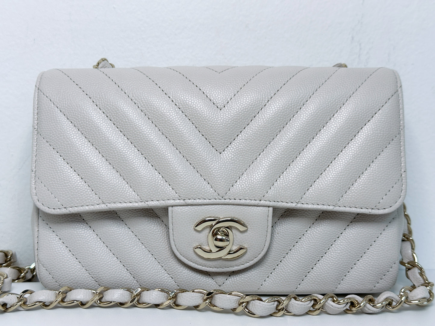 Chanel Mini Rectangle Chevron Blush Hue Light Beige Flap Bag LGHW