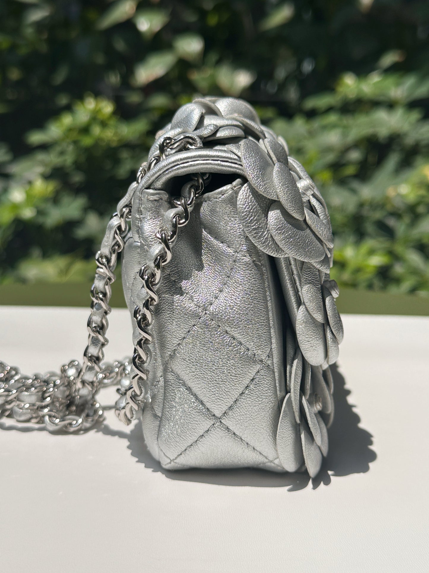 Chanel Mini Camellia Lambskin Shiny Silver SHW 2245 holo