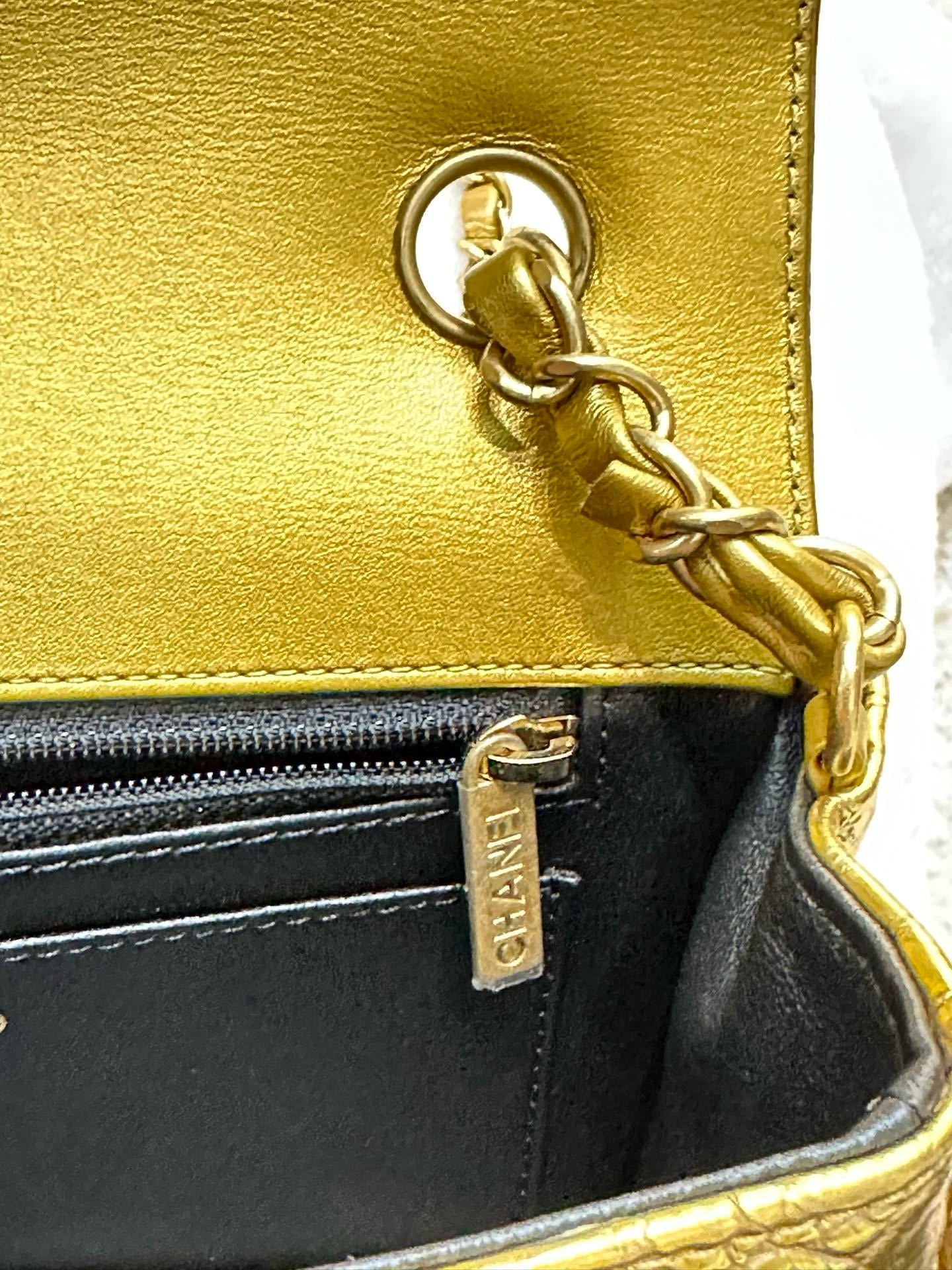 Chanel Mini Calfskin Crocodile Embossed Rectangular Gold Metallic Flap Bag