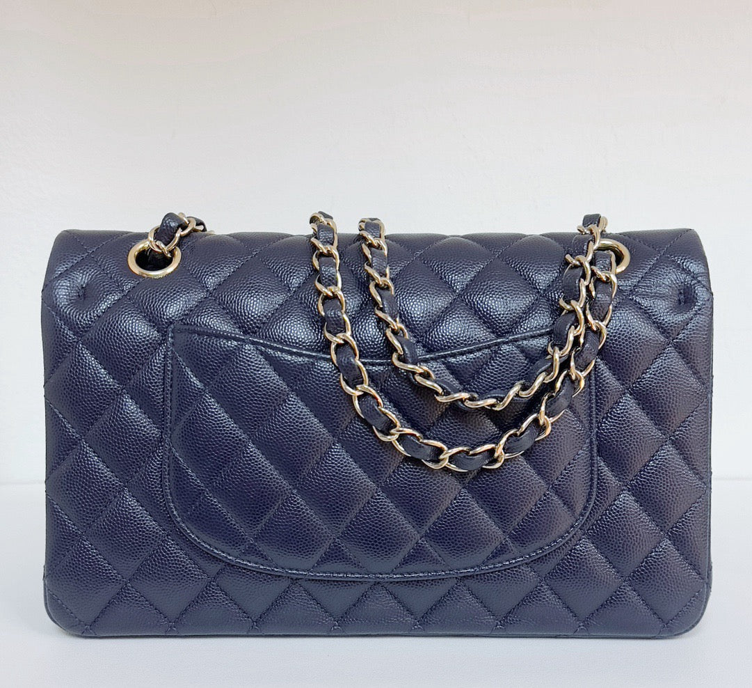 Chanel Medium Classic Caviar Double Flap Navy Blue Bag LSHW 2021year Microchip