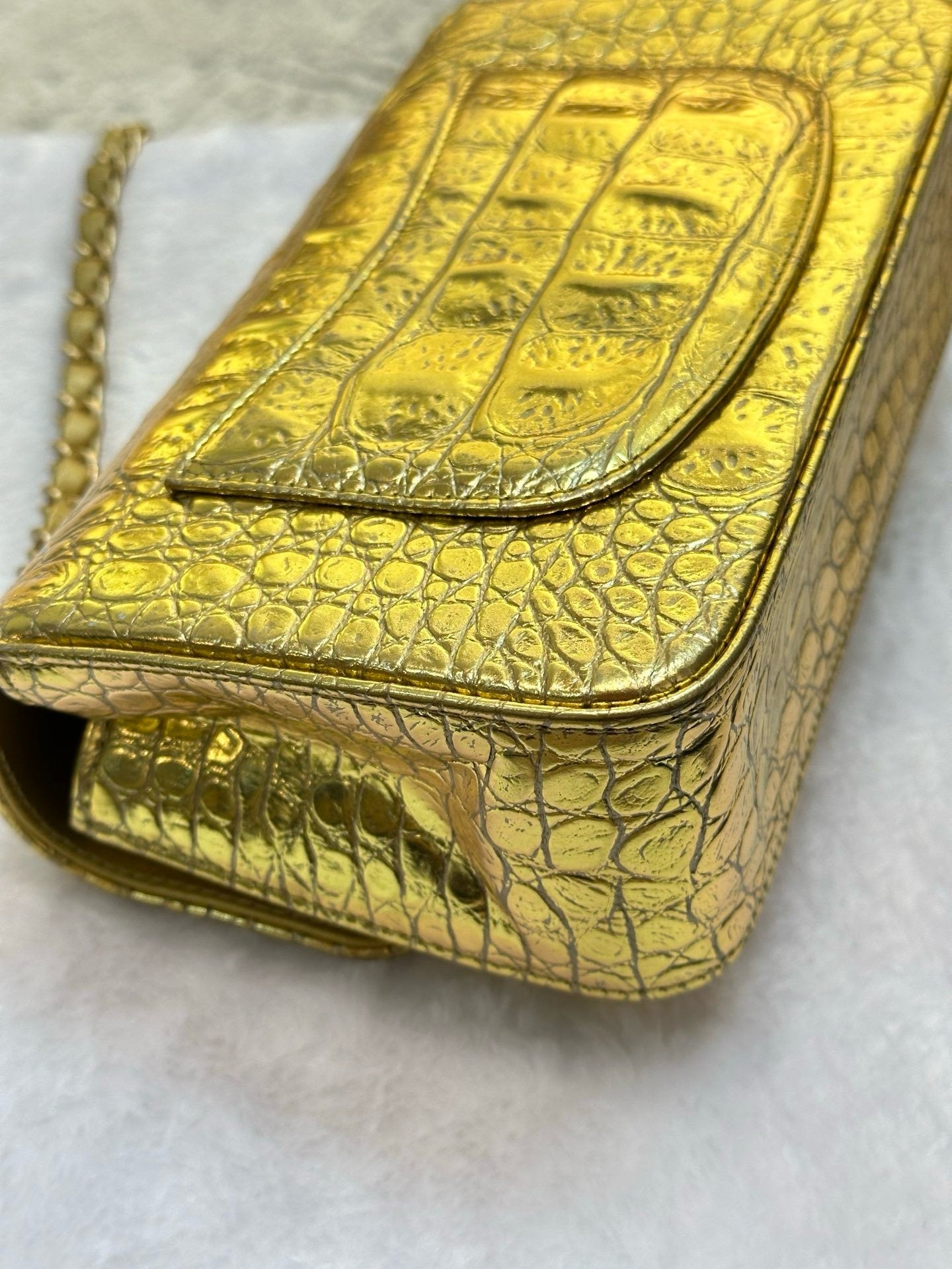 Chanel Mini Calfskin Crocodile Embossed Rectangular Gold Metallic Flap Bag