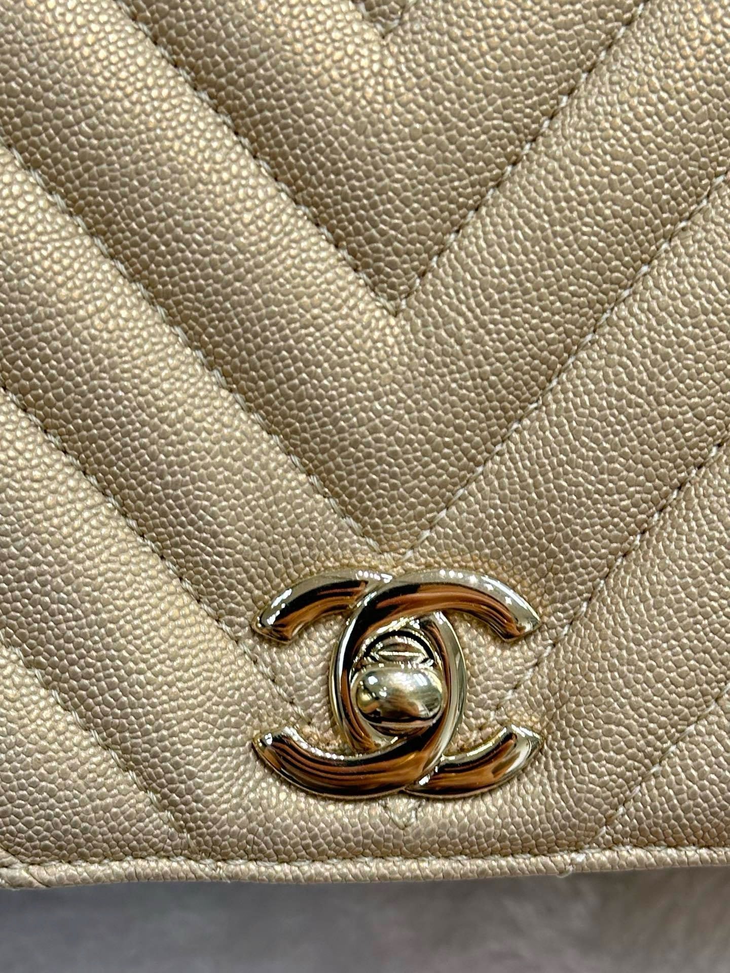 Chanel Mini Statement Metallic Caviar Chevron Quilted Flap Beige LGHW