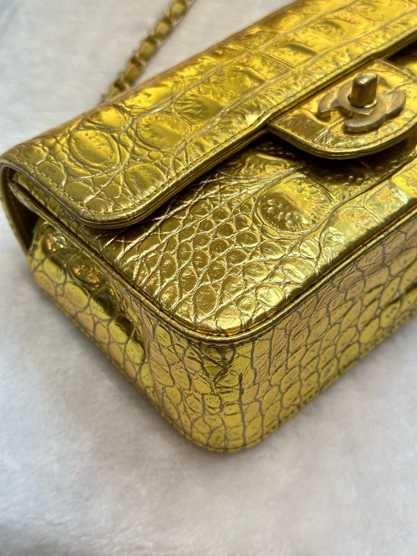 Chanel Mini Calfskin Crocodile Embossed Rectangular Gold Metallic Flap Bag