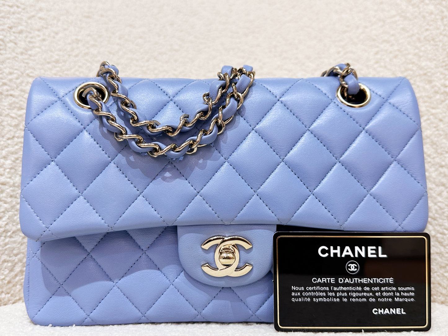 Chanel 21c Small Lambskin Classic Quilted Double Flap Bag Sky Blue GHW 3072 holo card
