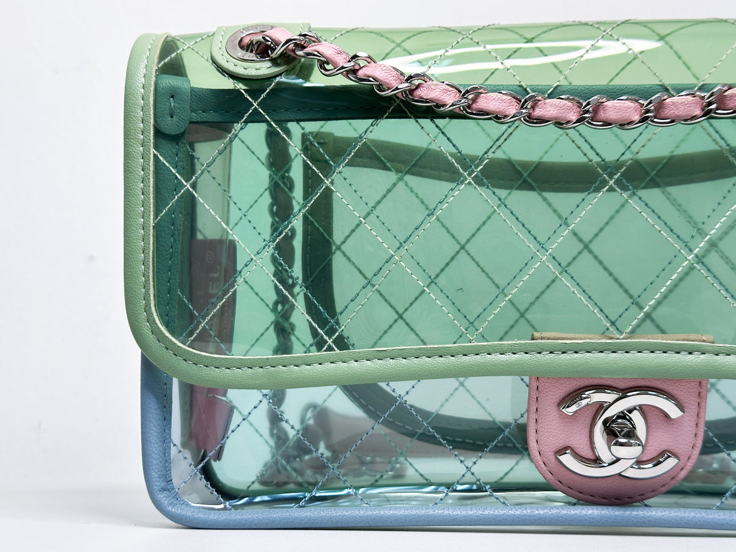 Chanel Coco Splash PVC Medium Flap Bag Green/Blue/Pink 2549 holo card