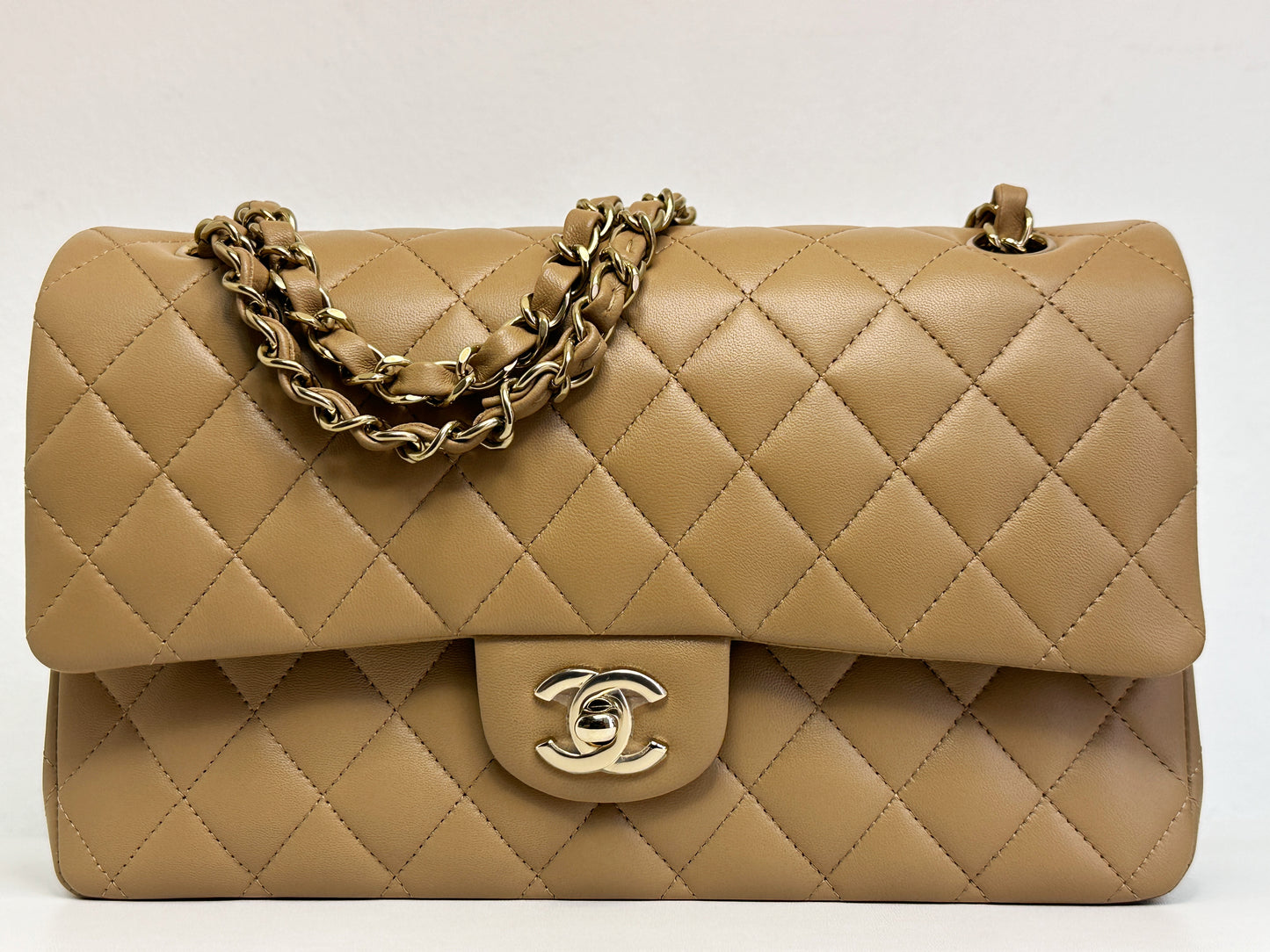 Chanel 22B Lambskin Classic Quilted Double Flap Medium LGHW Dark beige HH9G microchip