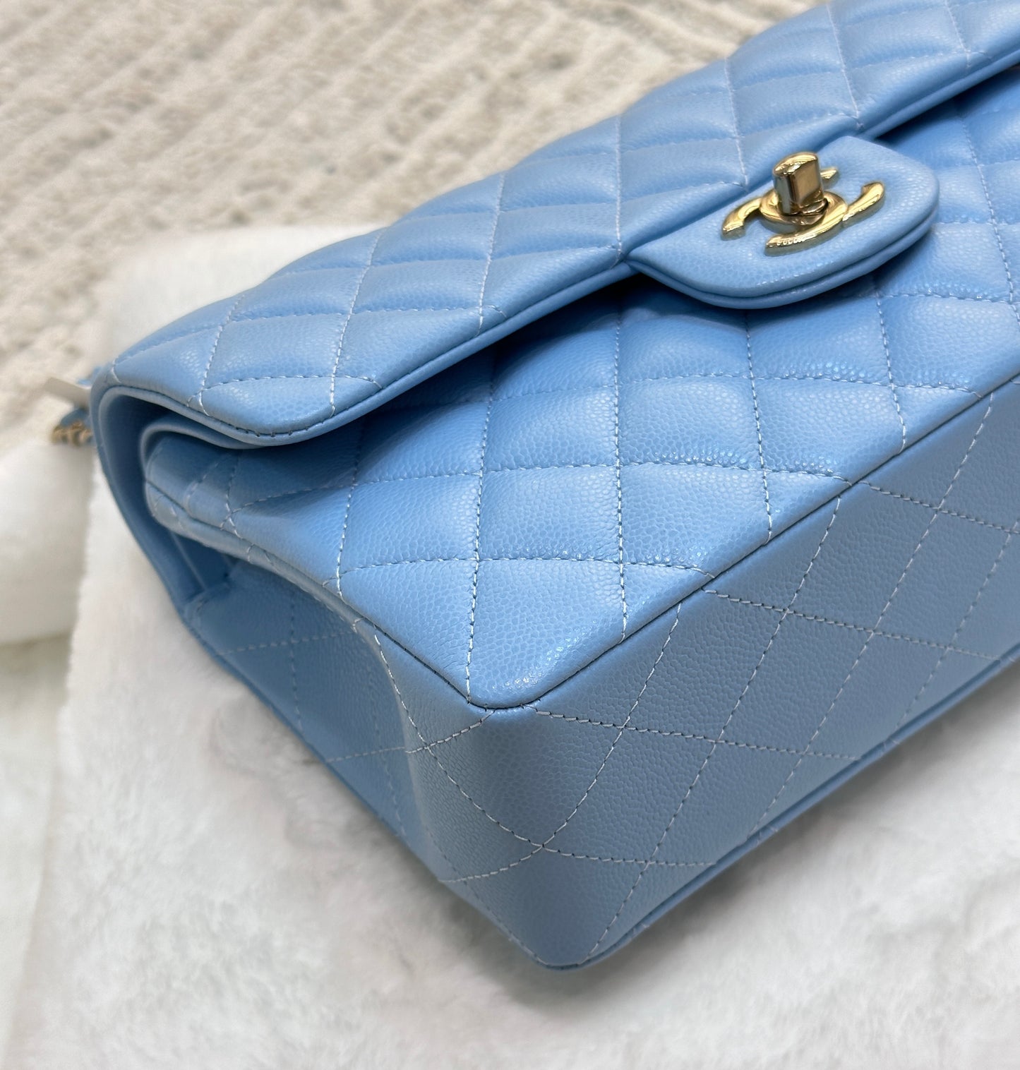 Chanel Small Classic Flap Ligth Blue Caviar Light Gold Hardware