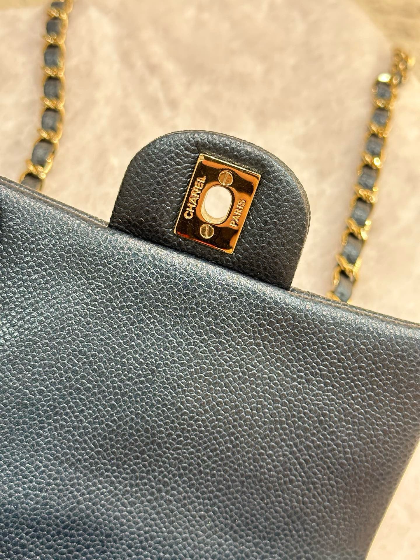 Chanel Mini Square Quilted Caviar Flap Bag Blue GHW 2581 Holo card