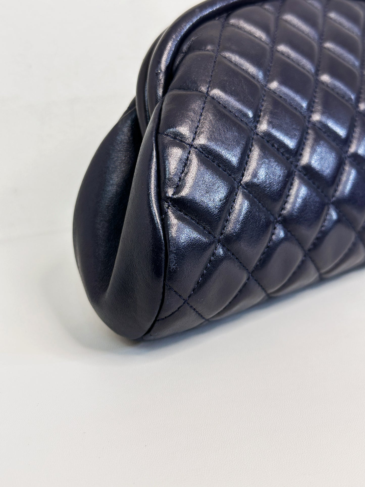 Chanel Quilted Timeless Kisslock Clutch Navy Blue Lambskin SHW 1890 holo card