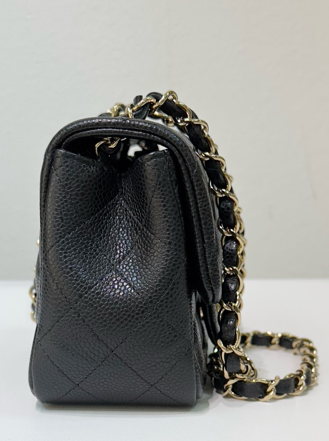 Chanel Mini Square Caviar Flap Bag Black GHW 25 holo card (Chain short than usual)