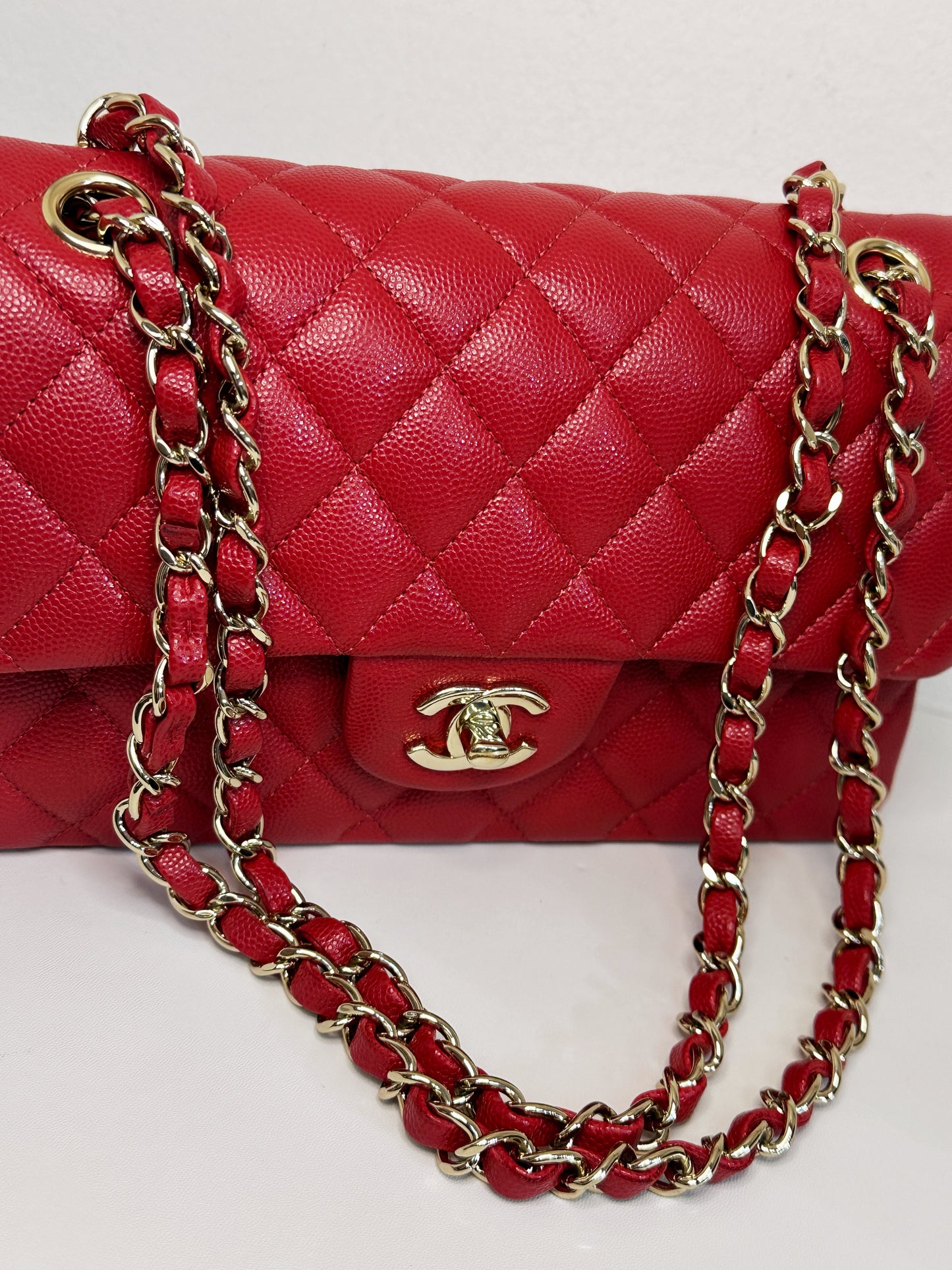 Chanel 19B Small Quilted Caviar Classic Double Flap Bag Red 2851 holo card
