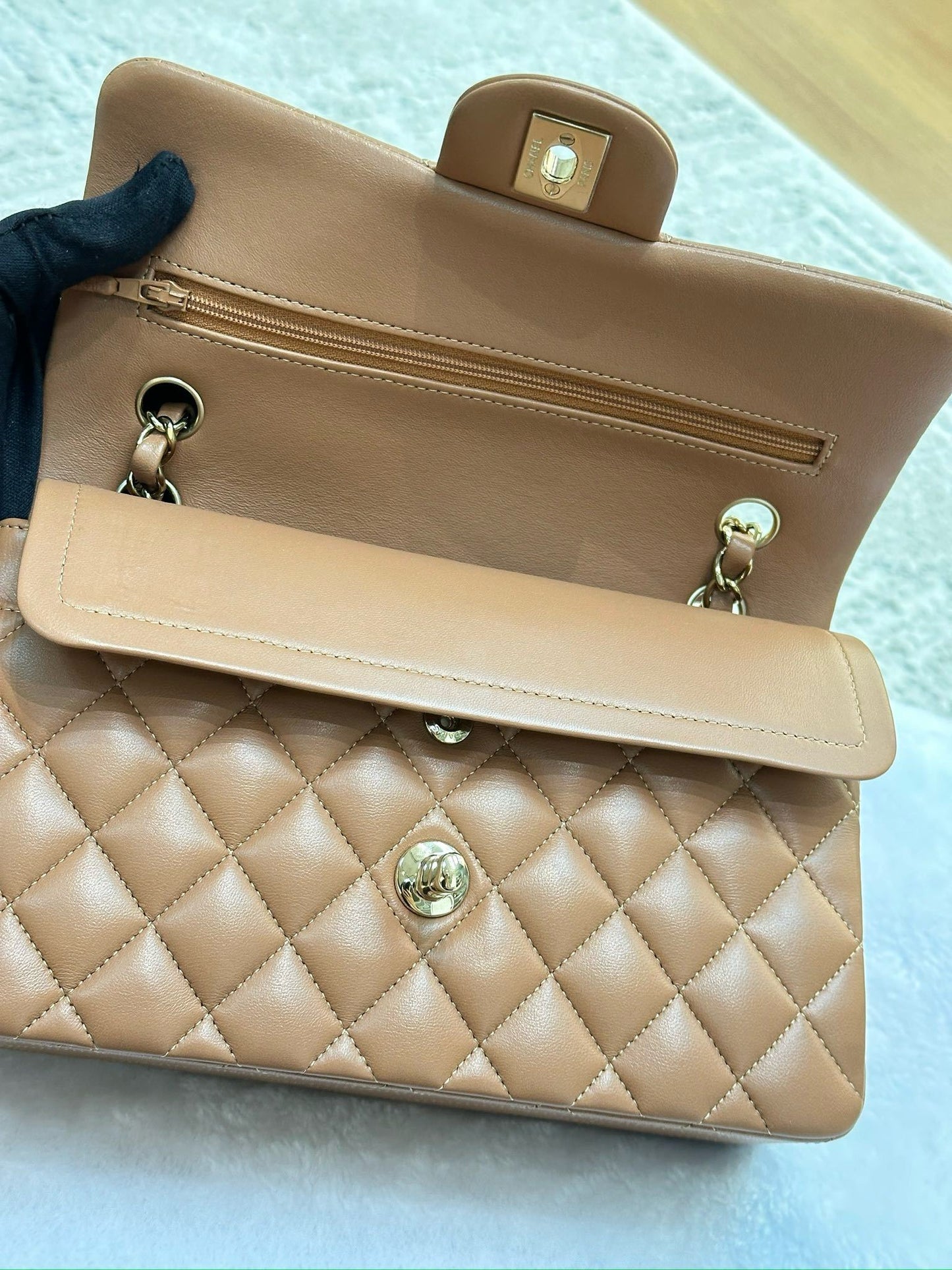 Chanel Small Lambskin Classic Double Flap Bag Dark Beige LGHW