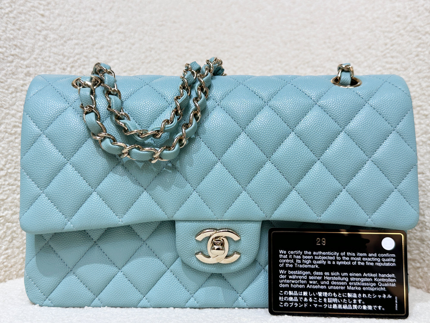 Chanel Classic Flap Medium 20C Tiffany Blue Caviar Light Gold Hardware 294 holo card