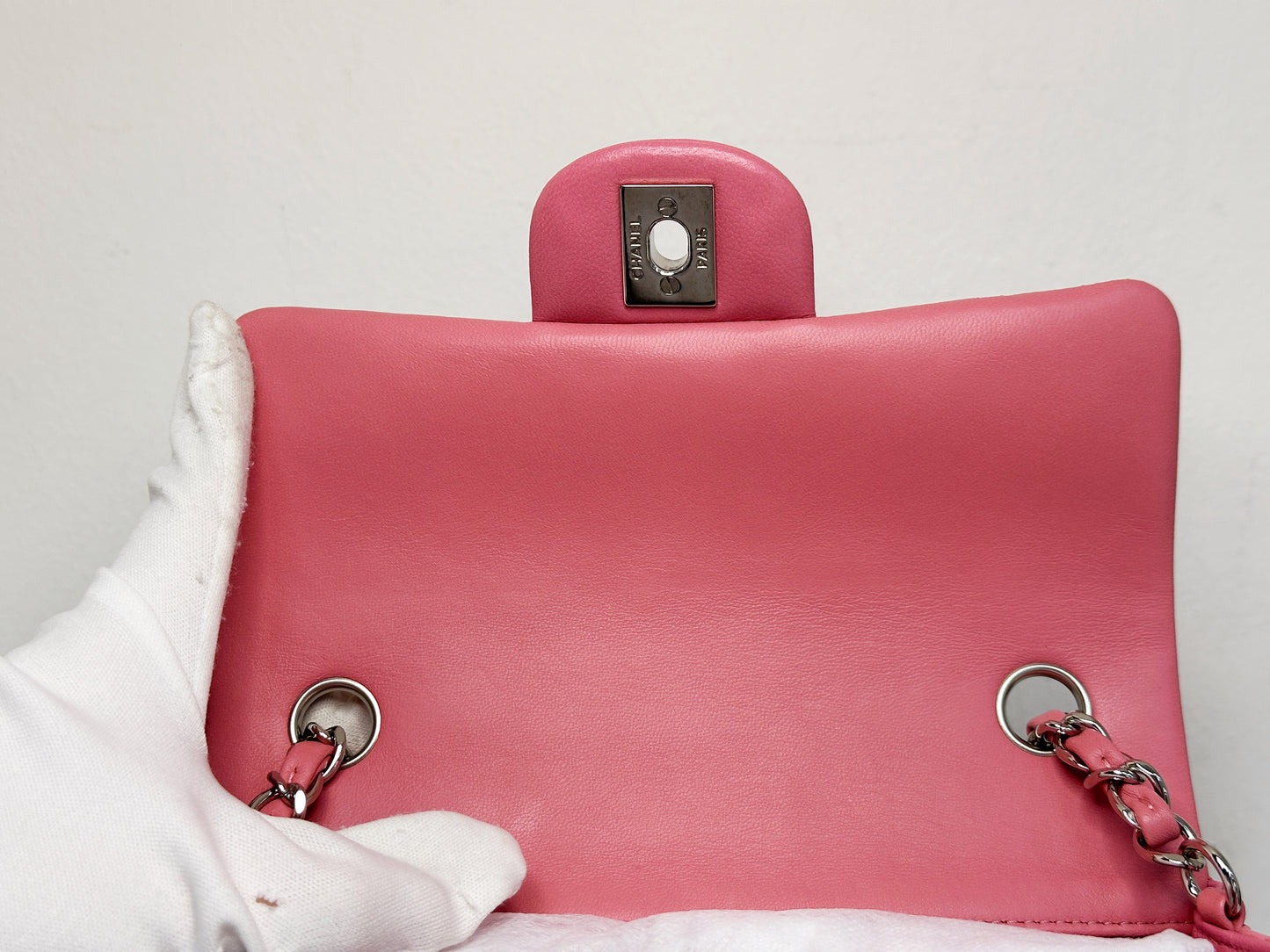 CHANEL Pink Lambskin Quilted Mini Rectangular Flap Bag Pink