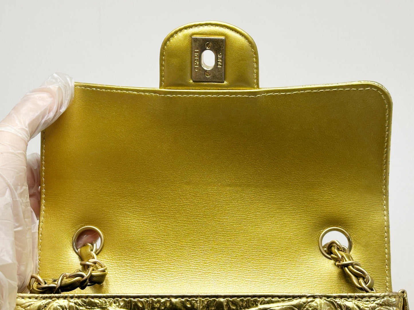 Chanel Mini Calfskin Crocodile Embossed Rectangular Gold Metallic Flap Bag 2813 holo card
