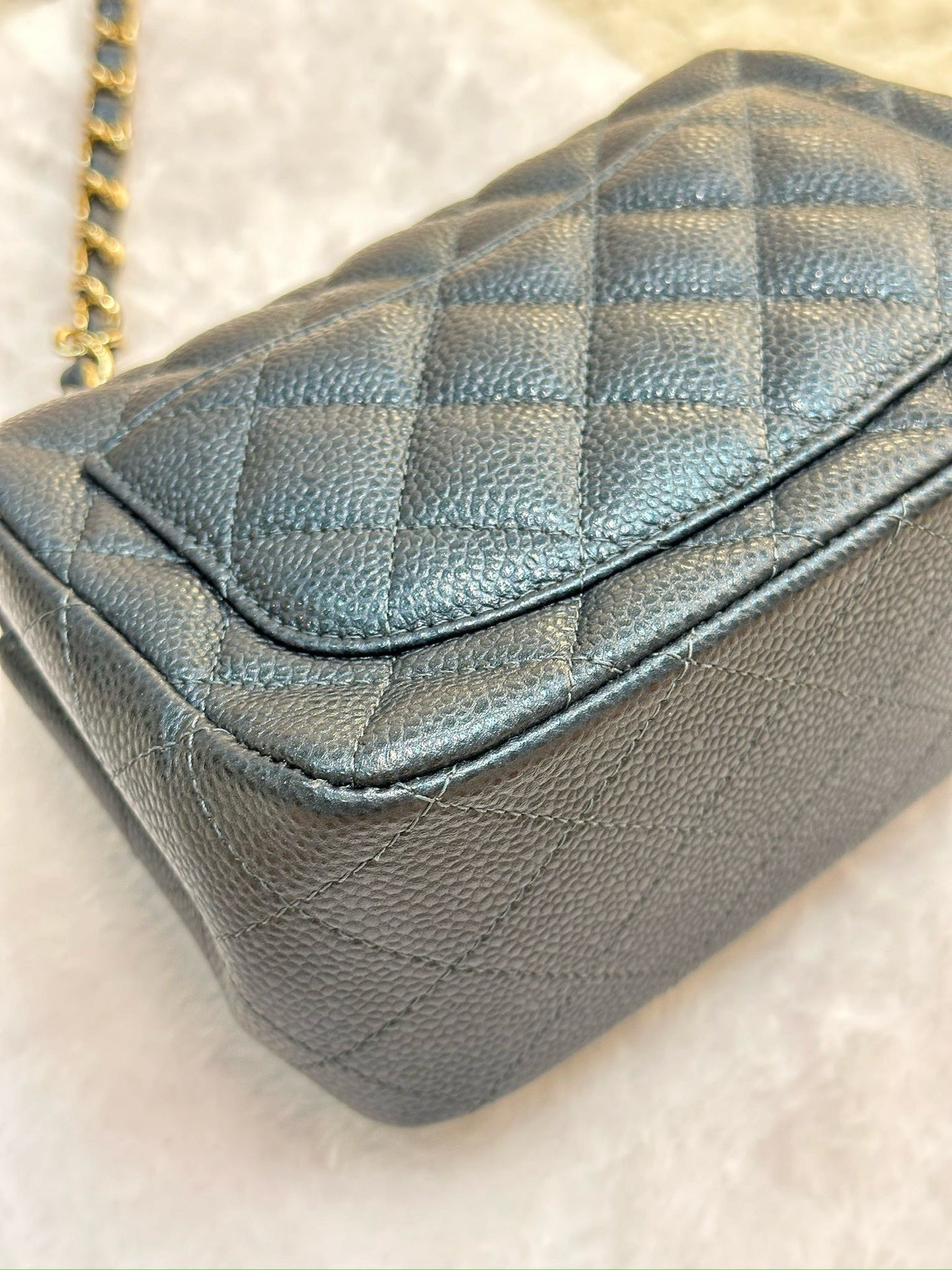 Chanel Mini Square Quilted Caviar Flap Bag Blue GHW 2581 Holo card