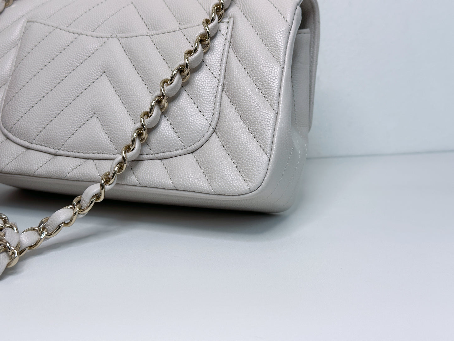Chanel Mini Rectangle Chevron Blush Hue Light Beige Flap Bag LGHW