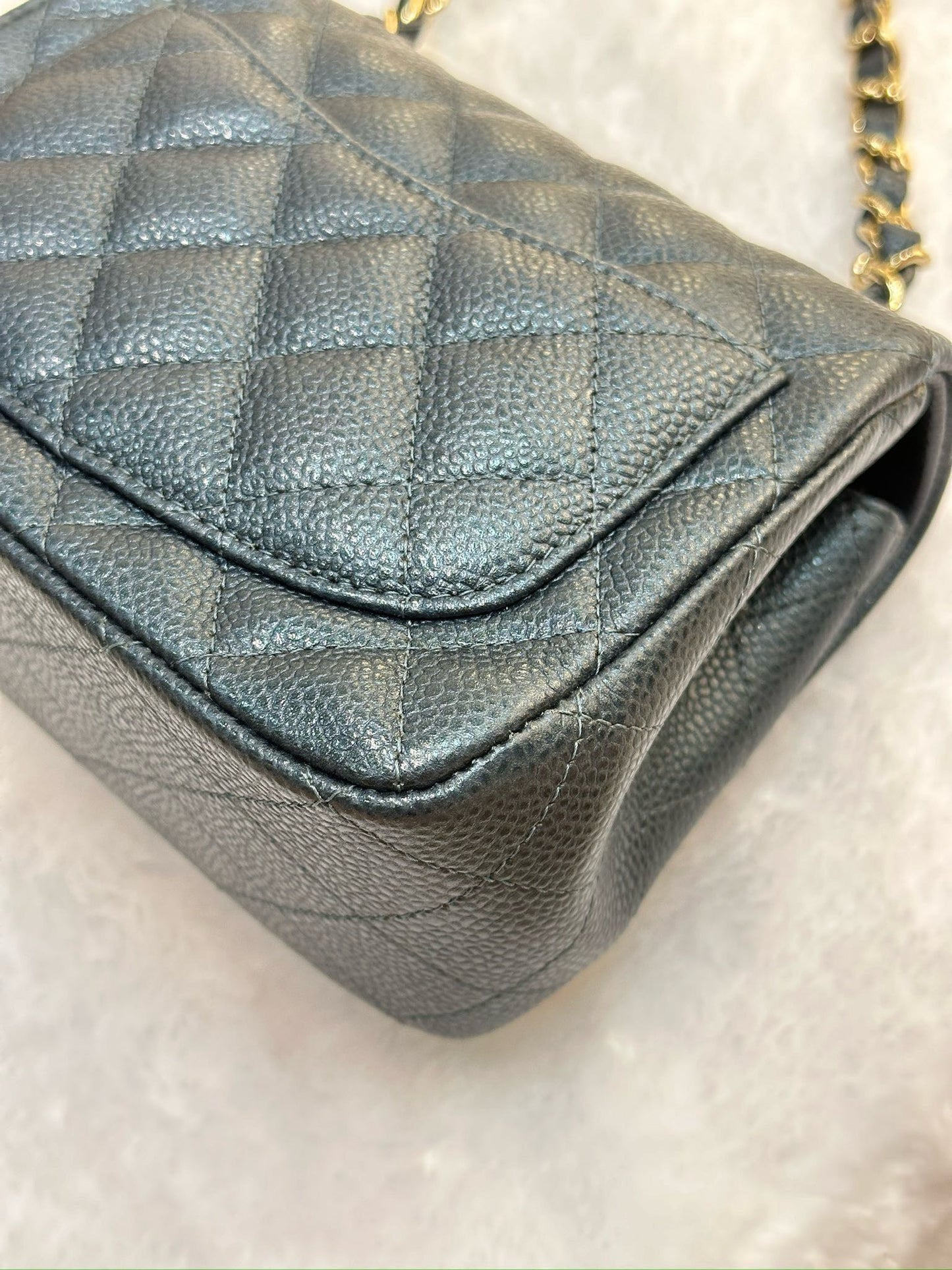 Chanel Mini Square Quilted Caviar Flap Bag Blue GHW 2581 Holo card