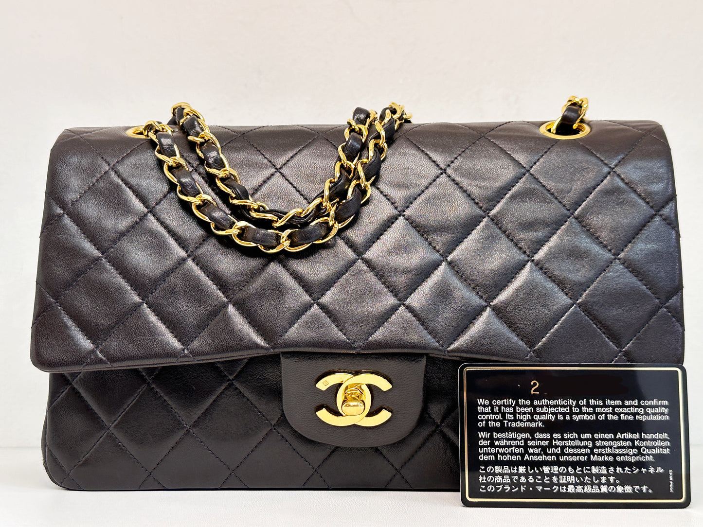 Chanel Vintage Black Quilted Lambskin Medium Classic Double Flap Bag 25 holo card