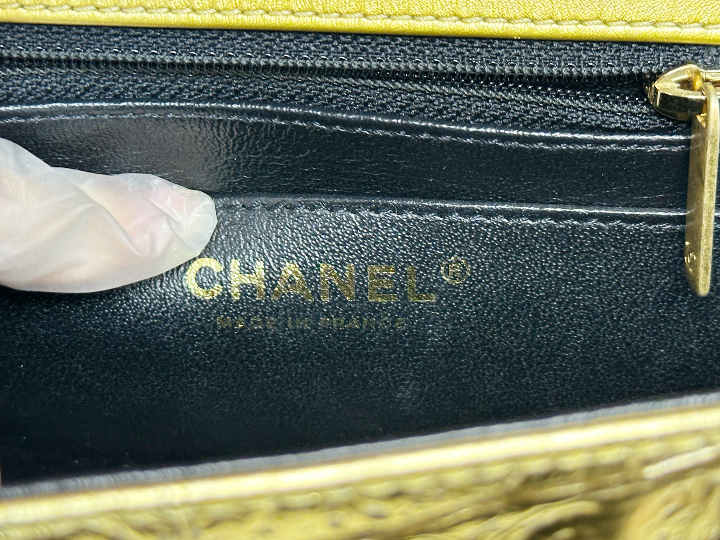Chanel Mini Calfskin Crocodile Embossed Rectangular Gold Metallic Flap Bag 2813 holo card