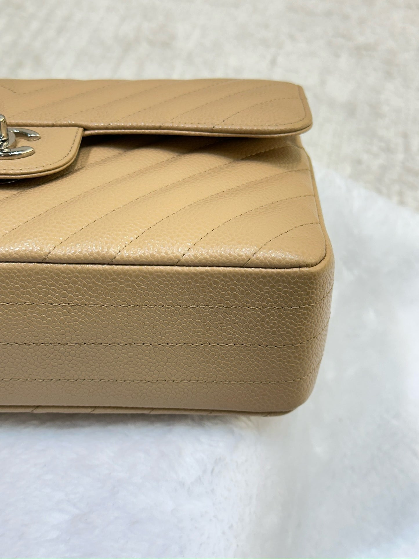 Chanel Small Classic Chevron Calfskin Double Flap Dark Beige SHW 19S 27 Holo card