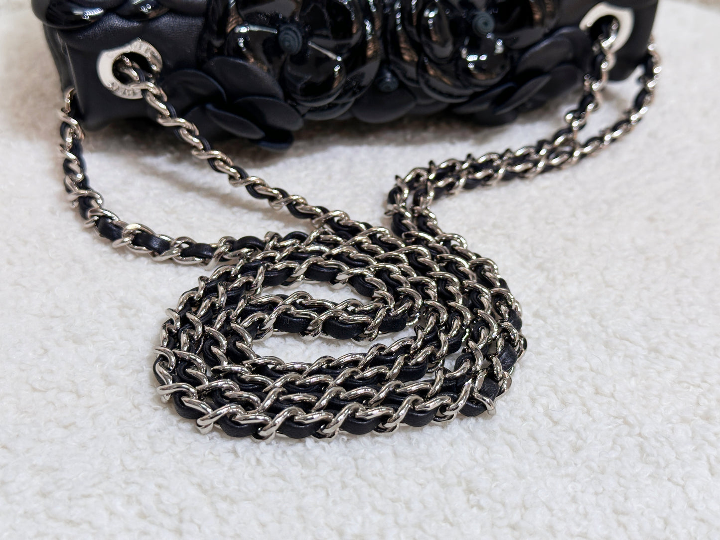 Chanel Camellia Lambskin Patent Around Flap Crossbody Bag Black 2246 holo card